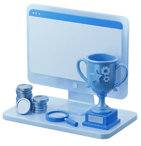 3D monitor beside a trophy marked with a star and gears, with stacks of coins and a magnifying glass, representing return on investment from an optimized Salesforce setup
